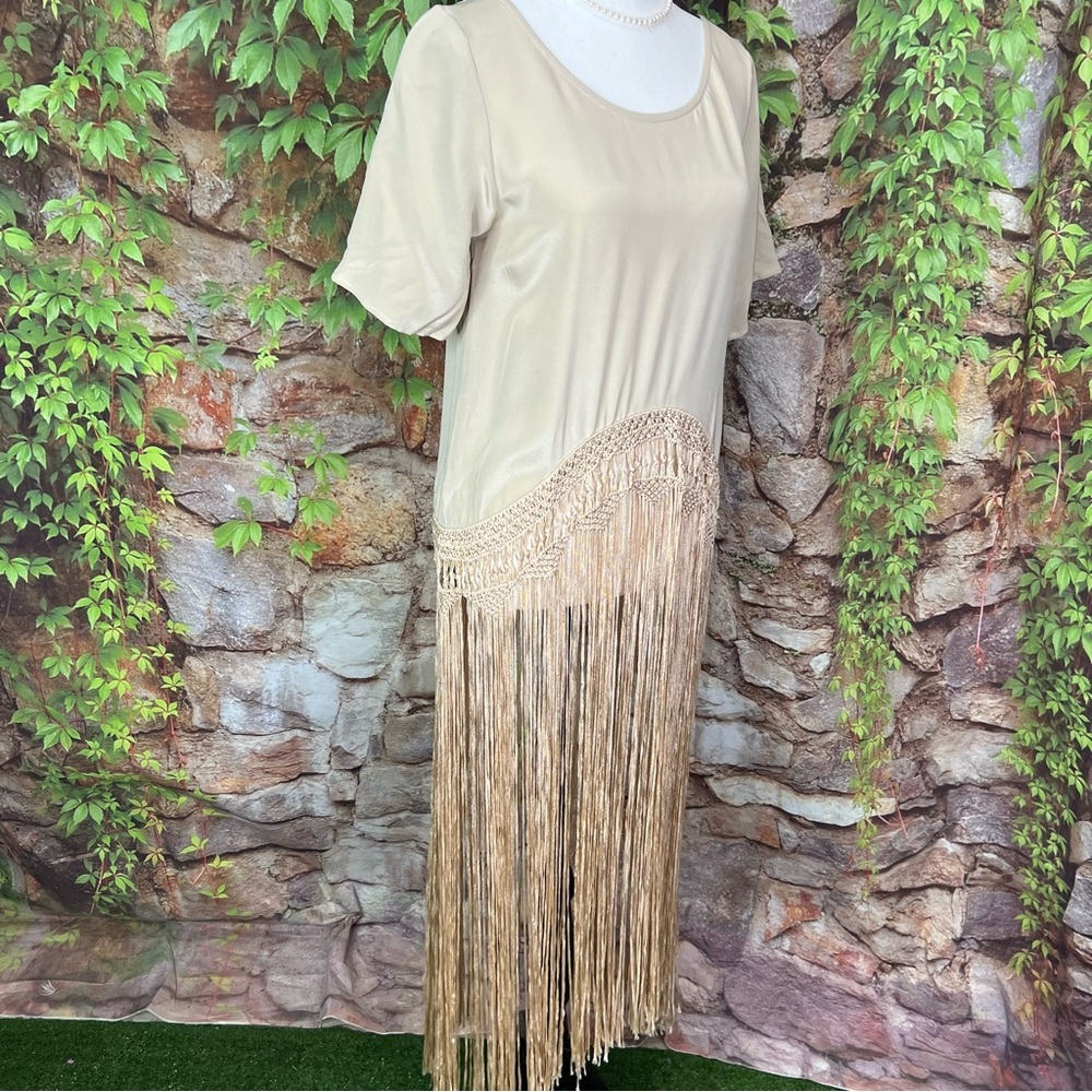 NWT TRYB Festival Style Taupe Silk Fringed Short Sleeve Blouse, XS - Picture 11 of 15
